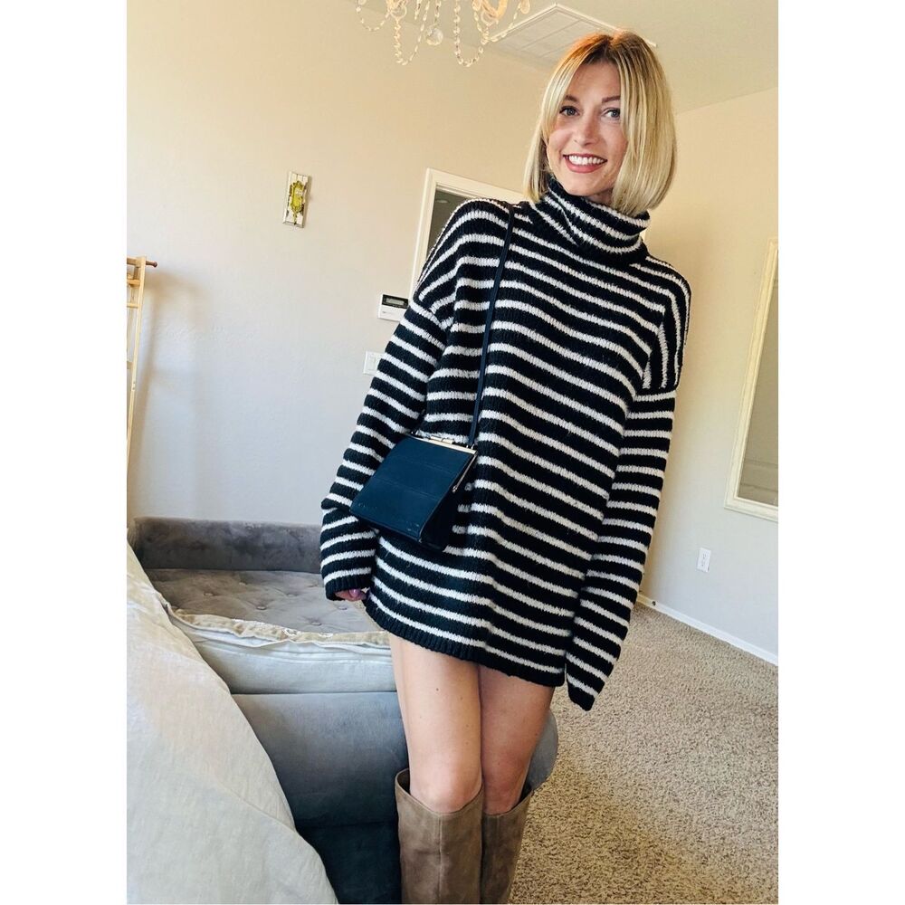 Allsaints Marcel sweater black white striped turtleneck EUC size M Msrp $220
